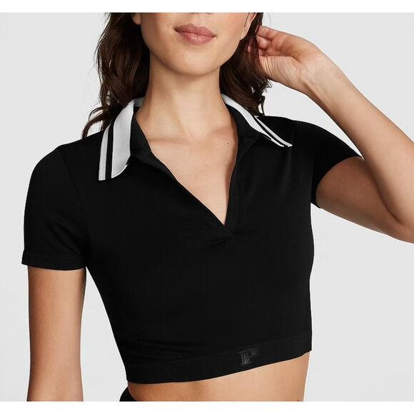 NWT VS PINK Soft Seamless Polo Cropped Tee in Black - Picture 1 of 8